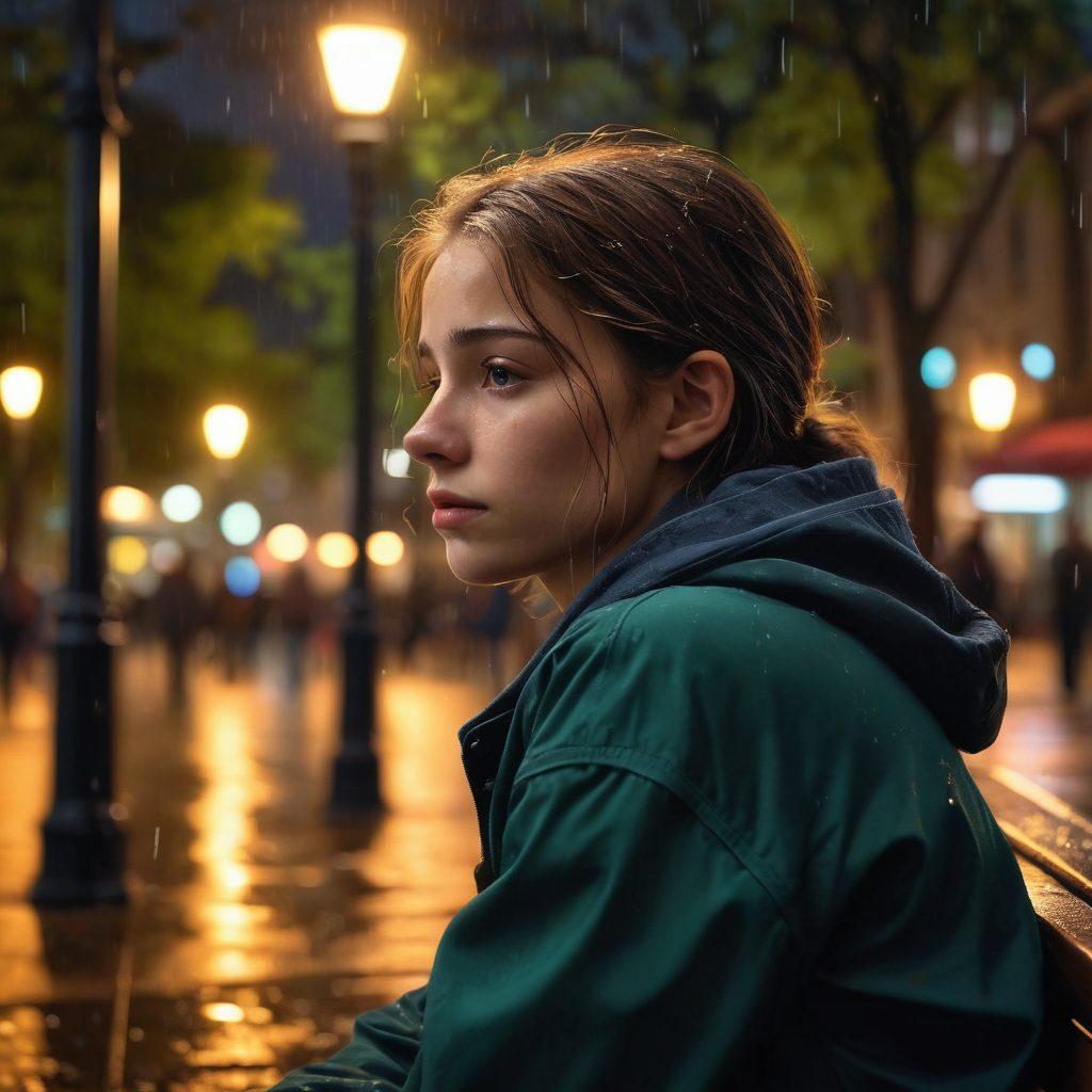 A somber yet poignant scene depicting a young person sitting alone on a park bench under a rain-soaked streetlight, with soft tears streaming down their face. The background features blurred silhouettes of people passing by, illustrating the feeling of isolation amidst a crowd. A digital screen displays scenes from heartfelt and emotional videos subtly reflecting on their face, symbolizing the connection between sadness and art. ethereal lighting. super-realistic. vibrant colors.