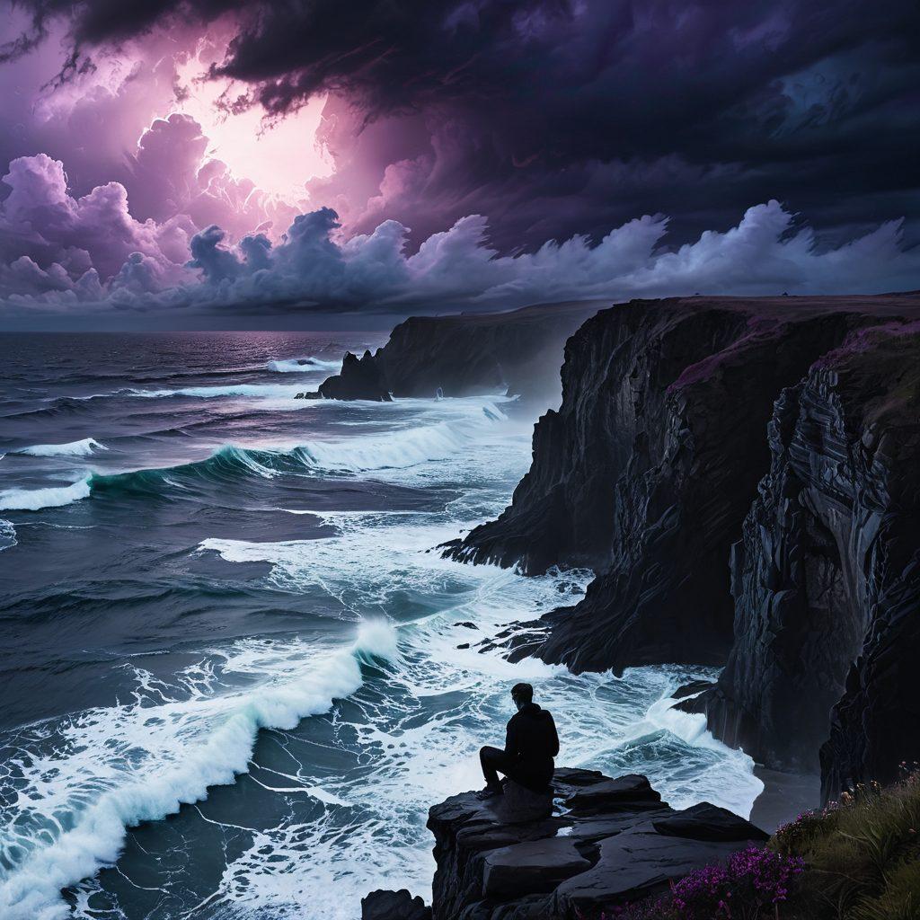 A contemplative figure sitting alone on a cliff, gazing at a stormy ocean symbolizing sorrow, with a glowing heart-shaped light emanating from within them, surrounded by wisps of ethereal mist representing emotional journeys. The sky is a gradient of deep blues and purples, conveying a sense of mystique and depth. Super-realistic. Dramatic lighting. Vibrant colors.